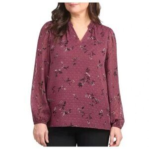 NEW Hilary Radley Women's S Burgundy Combo Floral Blouse Long Sleeve G1467